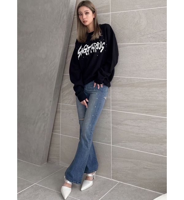 GYDA「【せいせいコラボ】ハイウエストストーンフレアパンツ」|デニム|