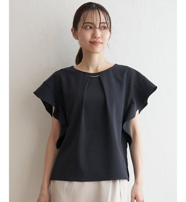 IKKA LOUNGE「麻調バー付きブラウス」|シャツ・ブラウス|ネイビー