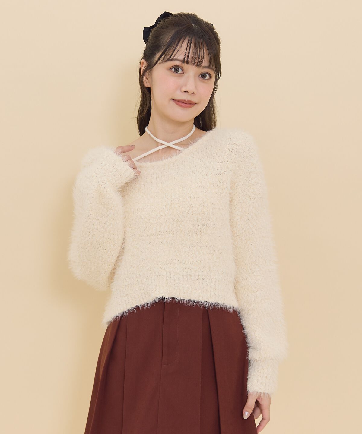 REDYAZEL「ネックリボンシャギーニットトップス」|ニット・セーター|ホワイト