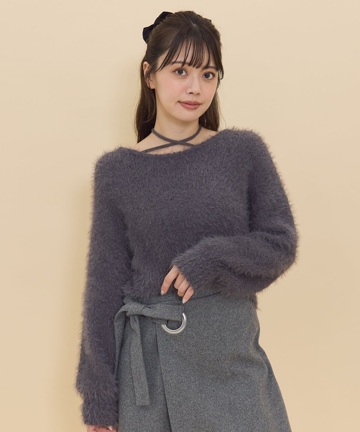 REDYAZEL「ネックリボンシャギーニットトップス」|ニット・セーター|ブラック