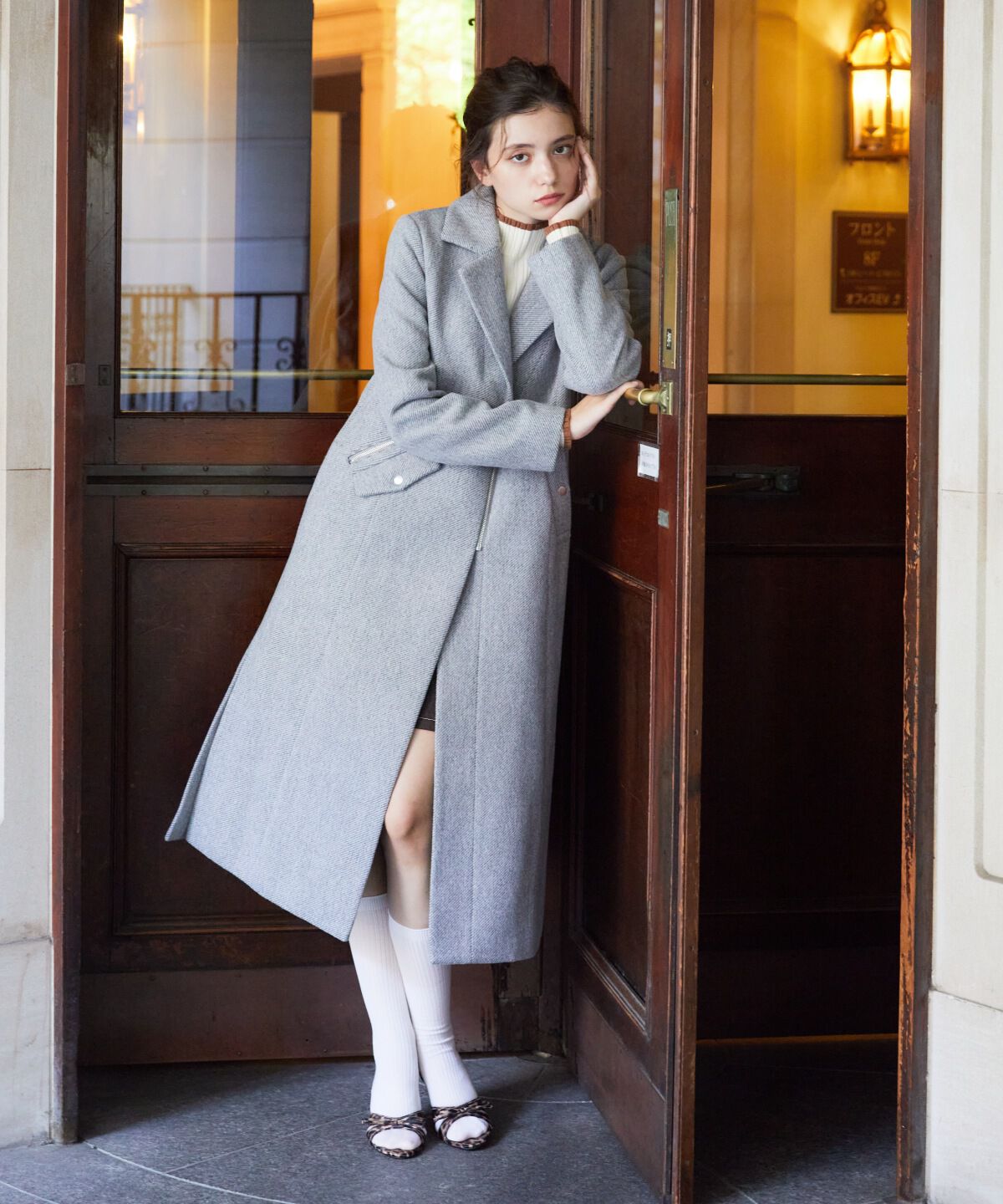 REDYAZEL「ジップチェスターコート」|ステンカラーコート|グレー