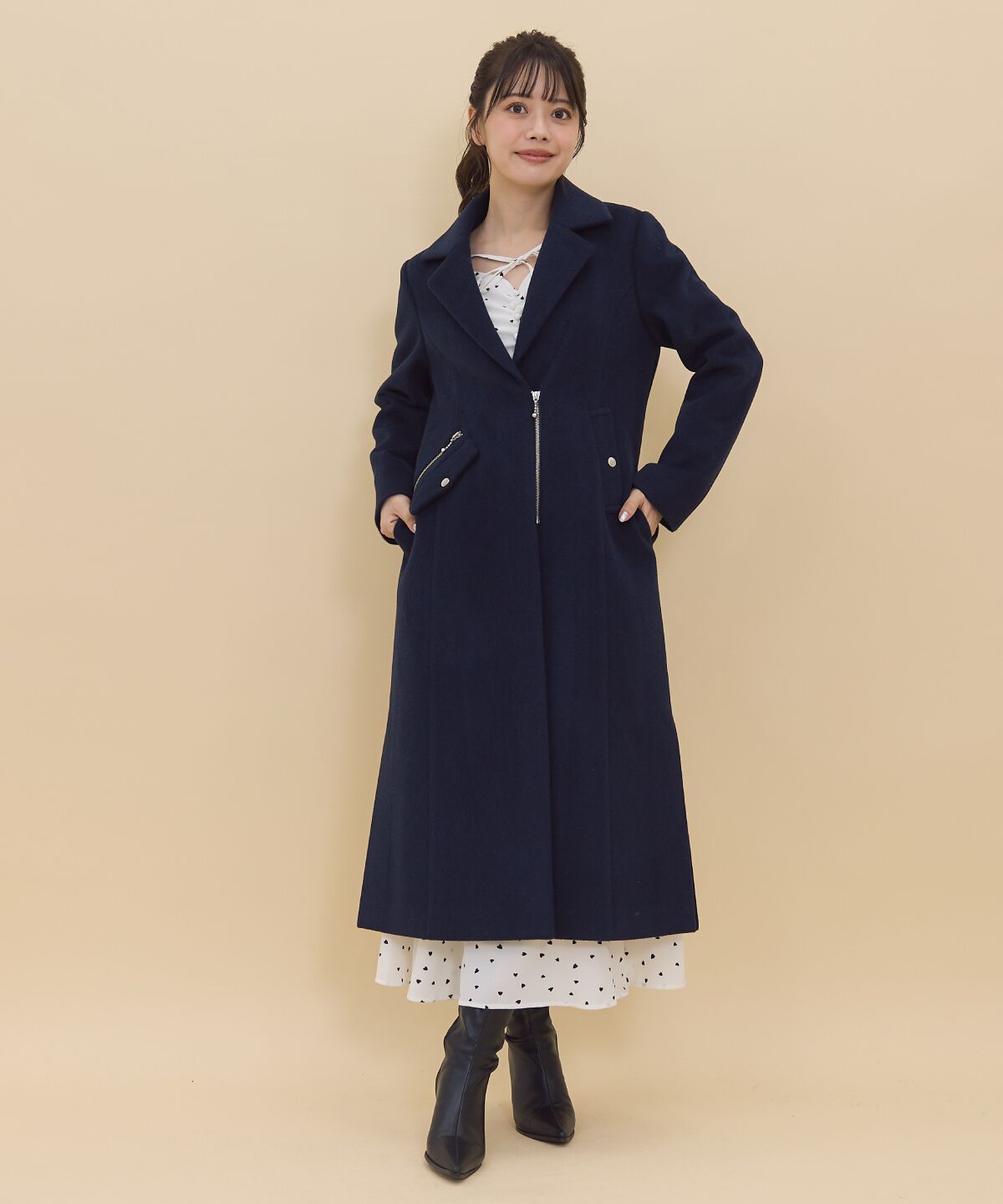 REDYAZEL「ジップチェスターコート」|ステンカラーコート|ネイビー