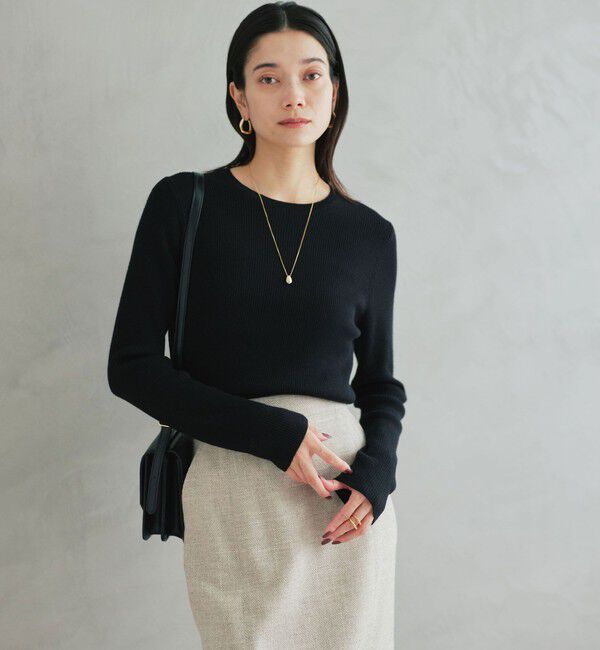 UNITED ARROWS green label relaxing「ウール リブ クルーネック ニット プルオーバー ウォッシャブル」|ニット・セーター|BLACK