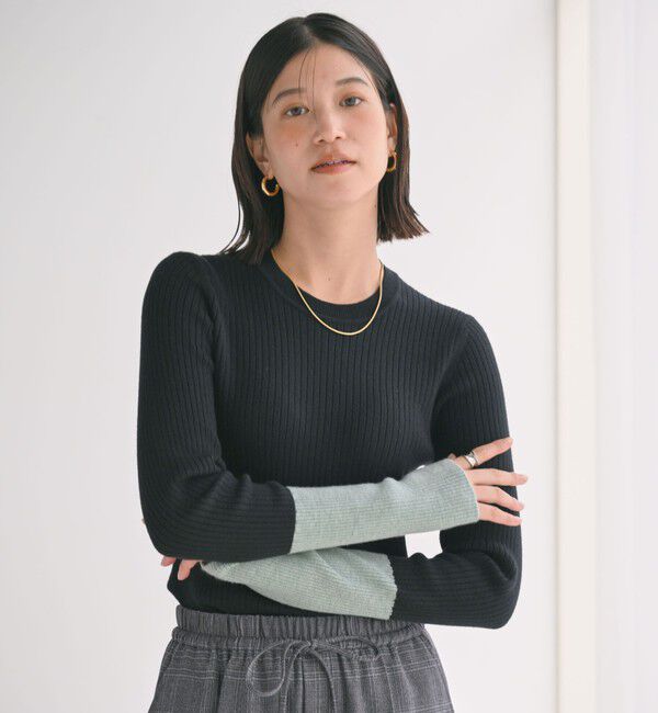 UNITED ARROWS green label relaxing「【WEB限定】＜at ease＞バイカラー クルーネック プルオーバー ニット」|ニット・セーター|BLACK