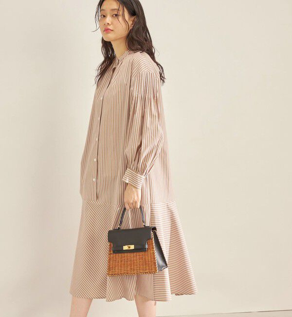 SHIPS for women「〈手洗い可能〉GIZA スーピマ 綿 切り替え バンドカラー ワンピース◇」|ワンピース|ベージュ