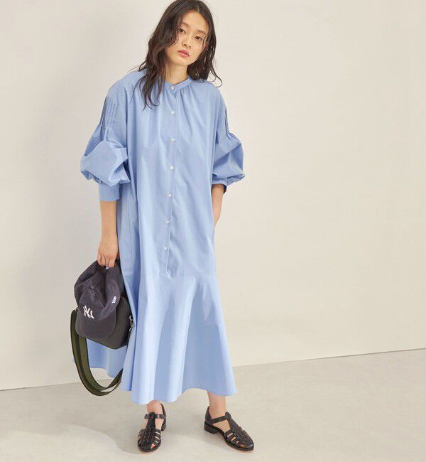 SHIPS for women「〈手洗い可能〉GIZA スーピマ 綿 切り替え バンドカラー ワンピース◇」|ワンピース|ブルー