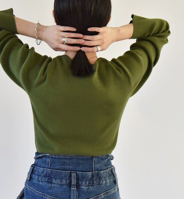 quaranciel「quaranciel:〈手洗い可能〉コットン リブ クルーネック ニット」|ニット・セーター|カーキ