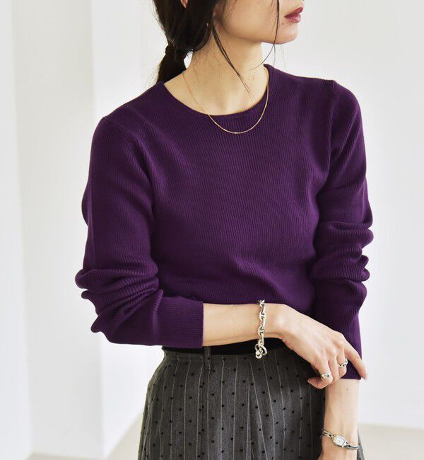 quaranciel「quaranciel:〈手洗い可能〉コットン リブ クルーネック ニット」|ニット・セーター|パープル