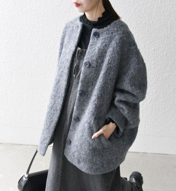 SHIPS any「《一部追加予約》SHIPS any: シャギー ノーカラー コクーン コート」|ノーカラーコート|チャコールグレー