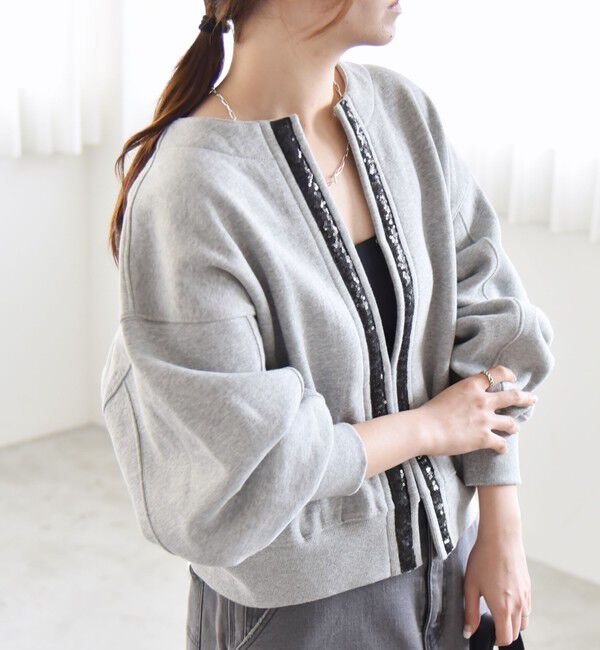 quaranciel「quaranciel:〈手洗い可能〉スパンコール テープ スウェット カーディガン」|カーディガン|ライトグレー