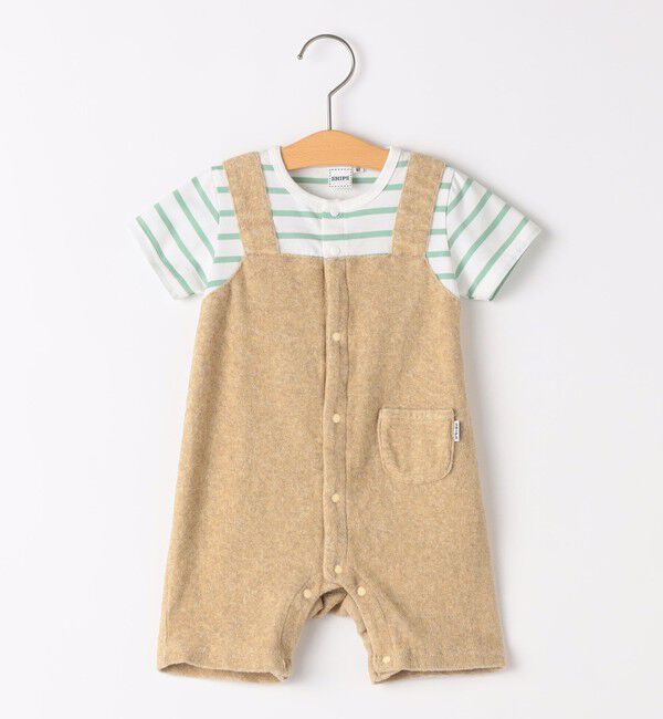 SHIPS KIDS「SHIPS KIDS:70～80cm / フェイク オーバーオール ボーダー ロンパース」|ロンパース|ベージュ