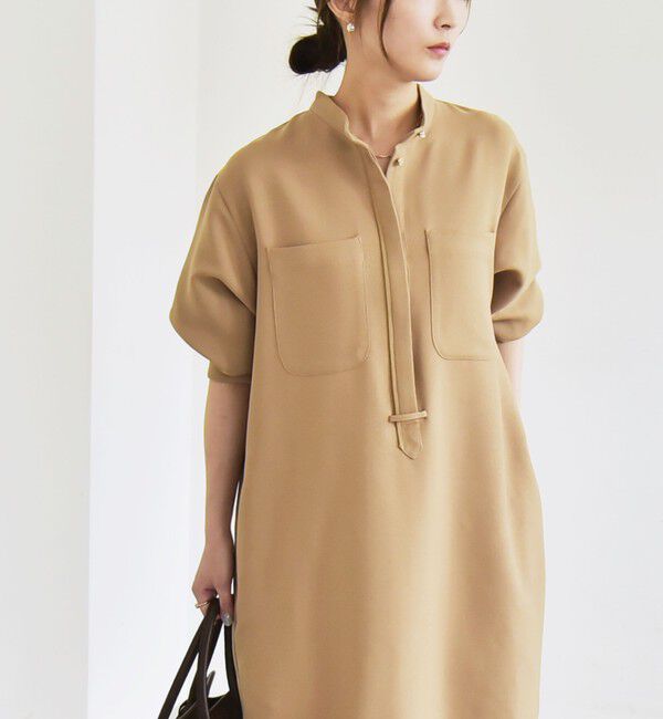 quaranciel「《追加予約》quaranciel:〈洗濯機可能〉ダブルクロス スタンドカラー ポケット シャツ ワンピース」|ワンピース|