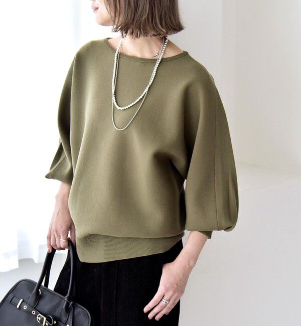 quaranciel「quaranciel:〈手洗い可能〉ダブルフェイス ボートネック パフ ニット プルオーバー」|ニット・セーター|カーキ