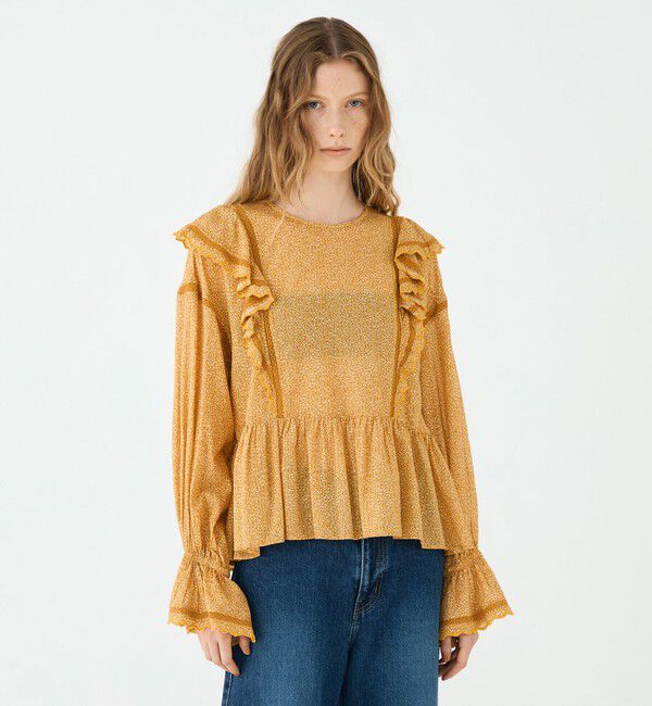 SOULEIADO「コットンレーヨンプリント ペプラムレースブラウス」|シャツ・ブラウス|