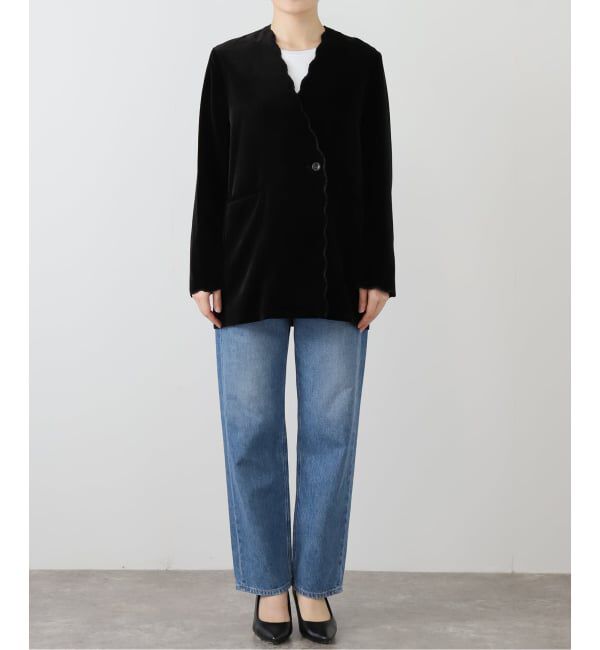 IENA「スカラップドベルベットジャケット」|ノーカラージャケット|