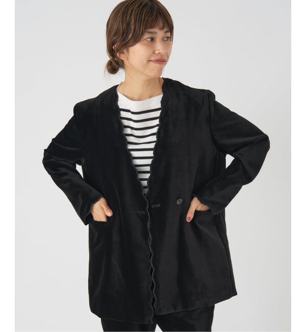 IENA「スカラップドベルベットジャケット」|ノーカラージャケット|