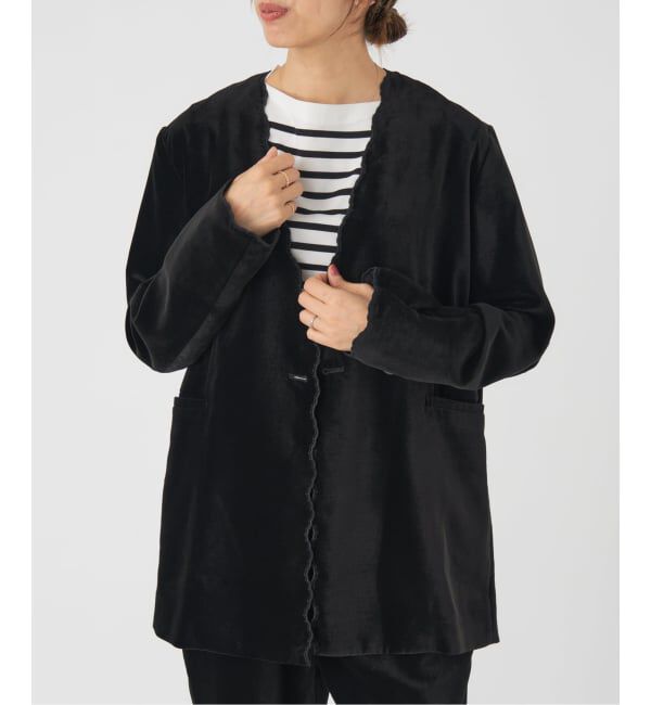 IENA「スカラップドベルベットジャケット」|ノーカラージャケット|