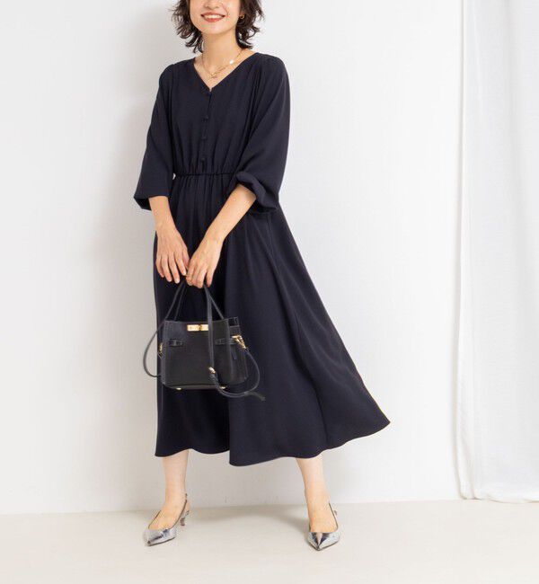 NOLLEY'S sophi「ウォッシャブルジョーゼットVネックギャザーワンピース」|ワンピース|ネイビー
