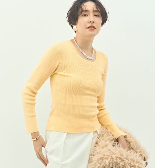 NOLLEY'S sophi「《アンサンブル対応》《手洗い可能》カシミヤ混リブUネックプルオーバー」|ニット・セーター|イエロー