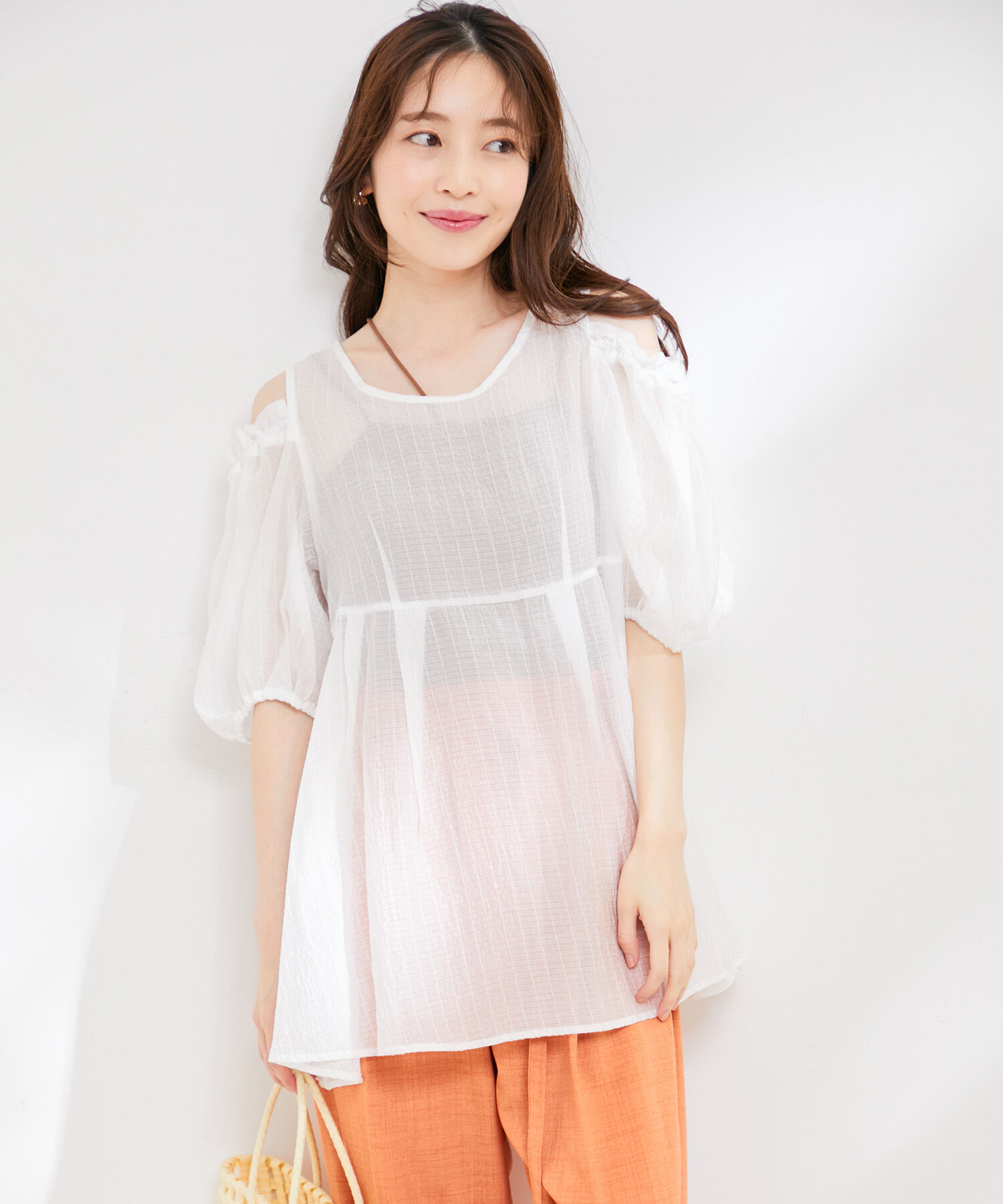 VIS「【洗える】【2WAY】オープンショルダーシアーチュニックブラウス」|シャツ・ブラウス|