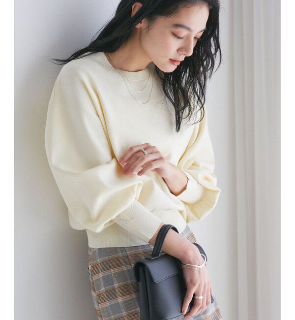 VIS「【洗える/アンチピリング】シルバー釦アクセントスリーブクルーネックニット」|ニット・セーター|生成メイン