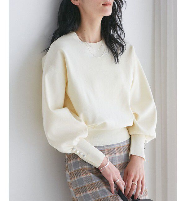 VIS「【洗える/アンチピリング】シルバー釦アクセントスリーブクルーネックニット」|ニット・セーター|