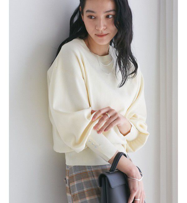 VIS「【洗える/アンチピリング】シルバー釦アクセントスリーブクルーネックニット」|ニット・セーター|