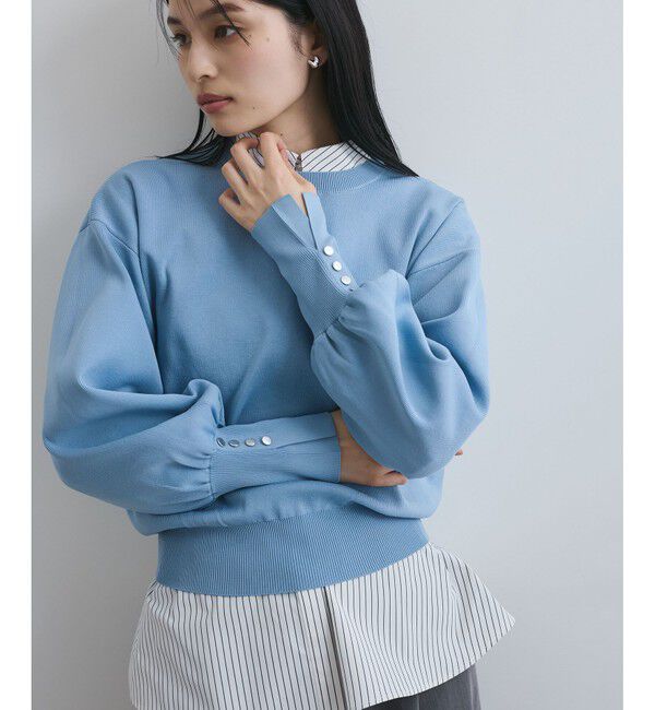 VIS「【洗える/アンチピリング】シルバー釦アクセントスリーブクルーネックニット」|ニット・セーター|ブルーサブ