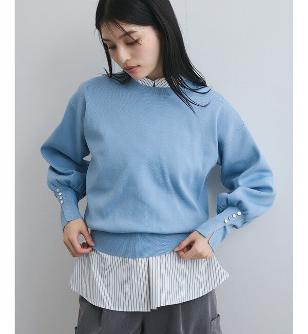 VIS「【洗える/アンチピリング】シルバー釦アクセントスリーブクルーネックニット」|ニット・セーター|