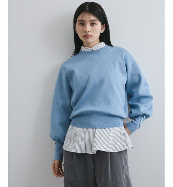 VIS「【洗える/アンチピリング】シルバー釦アクセントスリーブクルーネックニット」|ニット・セーター|