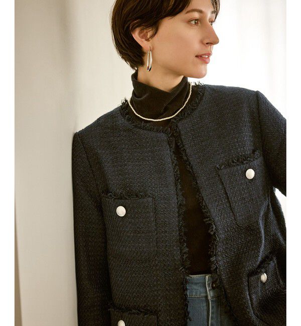 Rope&rsquo;Picnic「セレモニー・通勤対応/ツイードジャケット/リンクコーデ」|ノーカラージャケット|ネイビー(40)