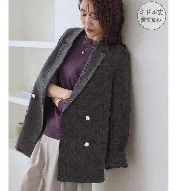 Rope&rsquo;Picnic「【WEB限定・ミドル丈】レディハンサムシリーズ ウールライク金ボタンジャケット(半裏地)/通勤対応」|テーラードジャケット|ブラック系(02)