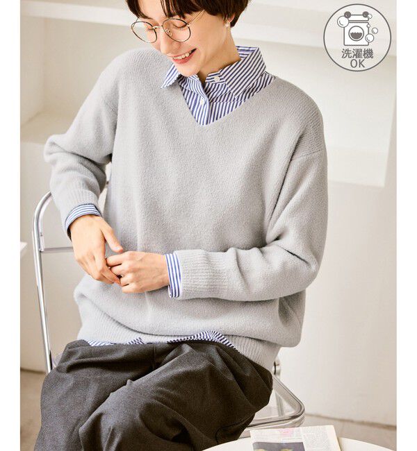 Rope&rsquo;Picnic「【新色追加】スフレニットシリーズ Vネックニットプルオーバー/イージーケア・リンクコーデ」|ニット・セーター|ライトグレー(08)
