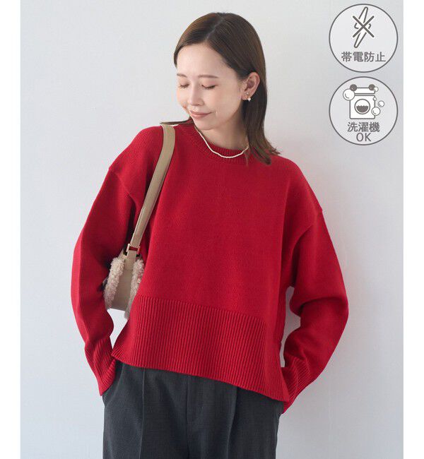 Rope&rsquo;Picnic「【新色追加】着丈が選べるクルーネックサイドスリットニットプルオーバー/イージーケア」|ニット・セーター|レッド(60)