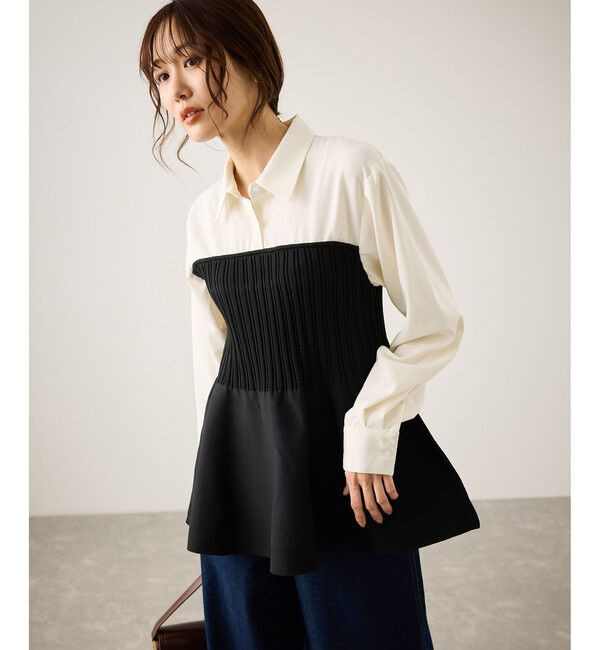 Rope&rsquo;Picnic「シャツドッキングペプラムニット」|シャツ・ブラウス|ブラック(01)