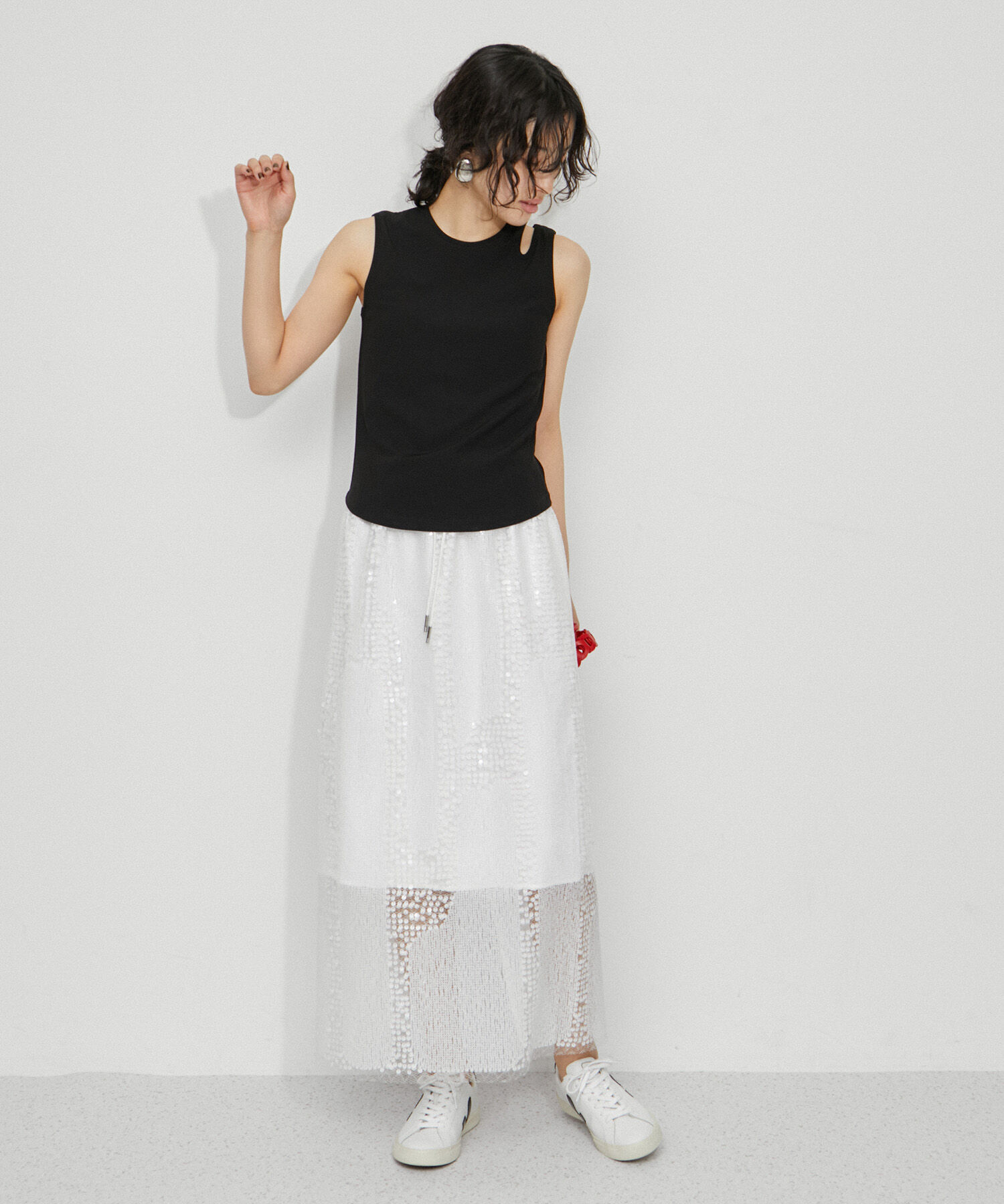 ADAM ET ROPE'「【接触冷感・洗える】カップ付きアシンメトリーカッティングタンク」|タンクトップ|