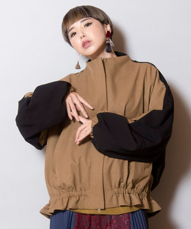  「タックスリーブギャザーブルゾン」|ノーカラーコート|BEIGE X BLACK