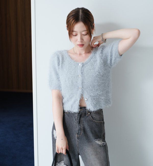  「【新色追加/セットアップ対応/前後2WAY】シャギー半袖カーディガン」|カーディガン|