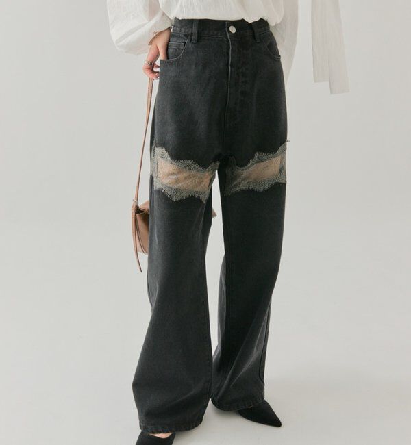  「レース切替デニム」|デニム|ブラック