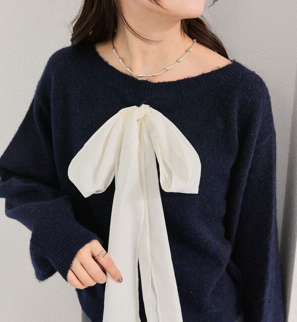  「リボン付きニット プルオーバー」|ニット・セーター|ネイビー