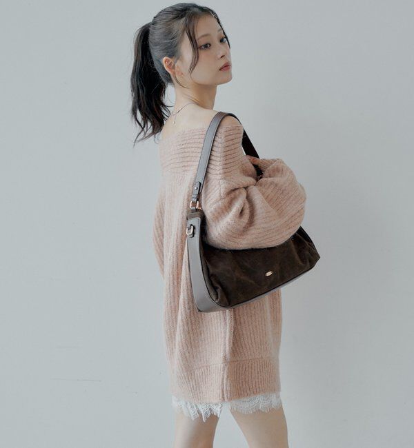  「ポーチチャーム付きスエードコンビボストンバッグ」|ボストンバッグ|