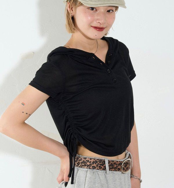  「【新色レース】シアー/レース  ヘンリー半袖パーカー」|Tシャツ・カットソー|