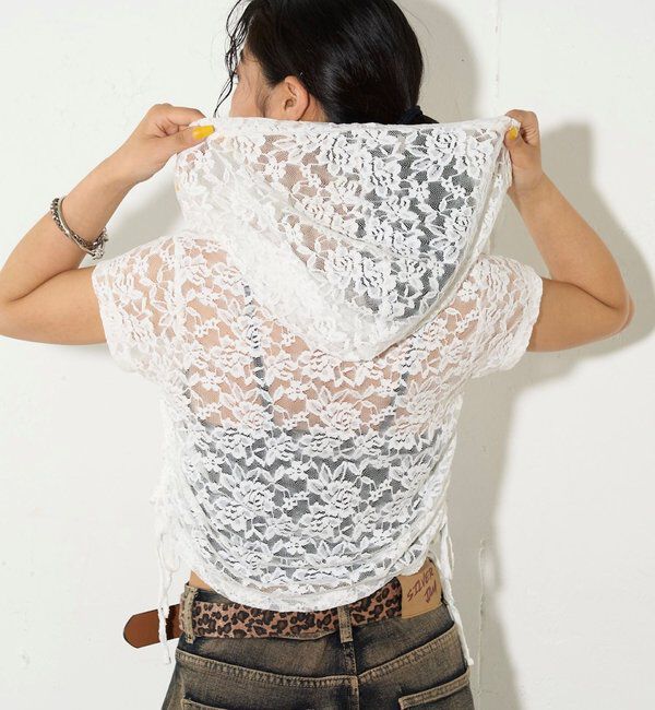  「【新色レース】シアー/レース  ヘンリー半袖パーカー」|Tシャツ・カットソー|