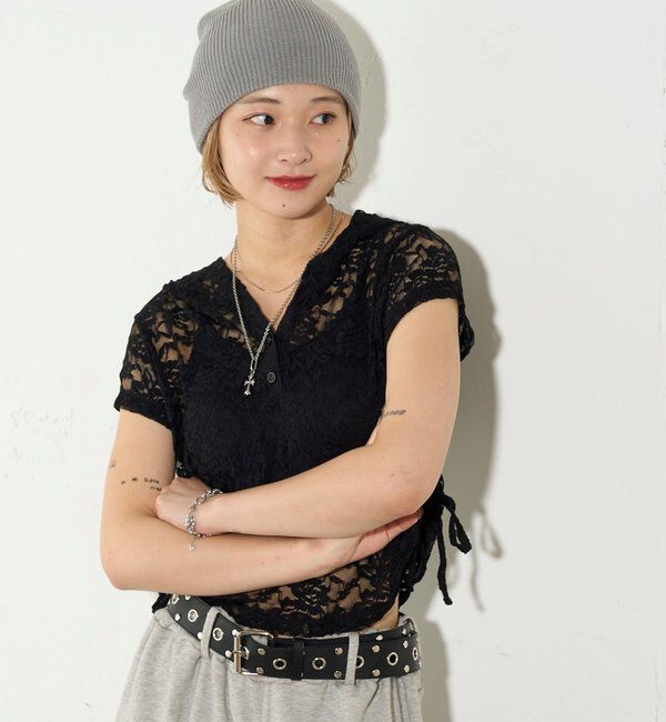  「【新色レース】シアー/レース  ヘンリー半袖パーカー」|Tシャツ・カットソー|