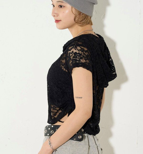  「【新色レース】シアー/レース  ヘンリー半袖パーカー」|Tシャツ・カットソー|