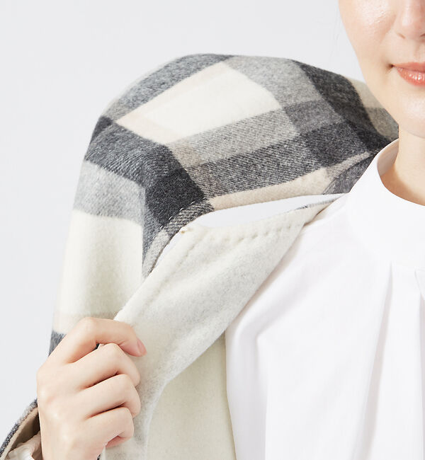 qualite「チェックダブルフェイスストールコート」|ノーカラーコート|