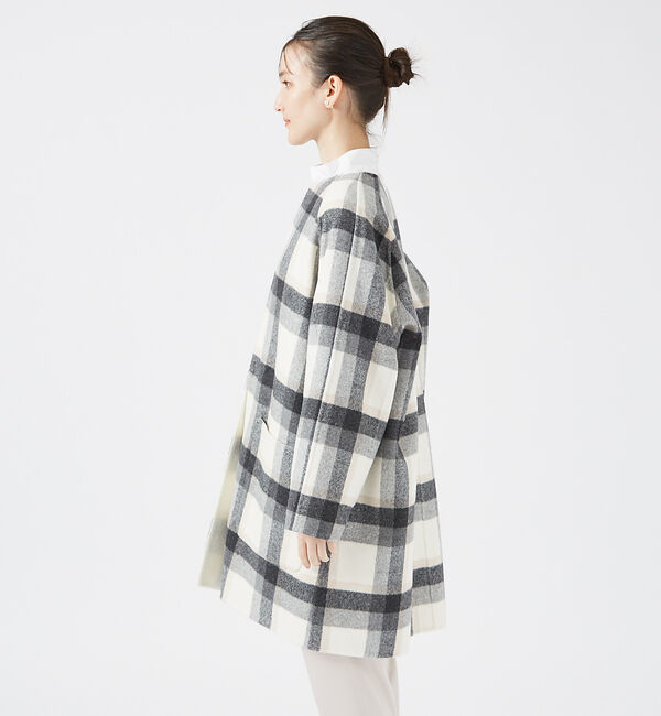qualite「チェックダブルフェイスストールコート」|ノーカラーコート|