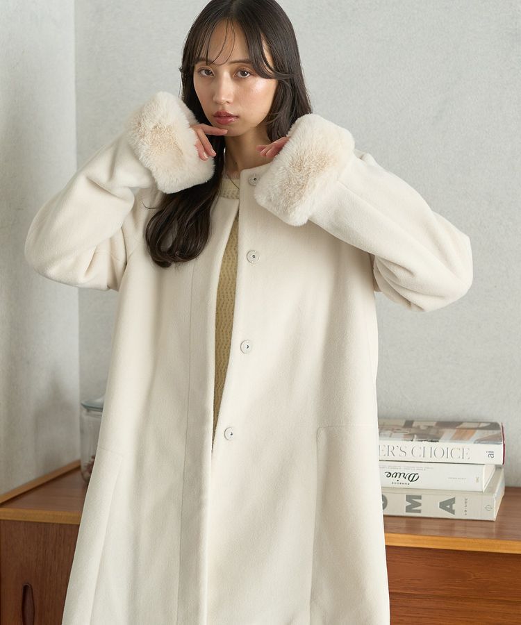 earth music&ecology「ファーカフスノーカラーコート」|ノーカラーコート|Ivory