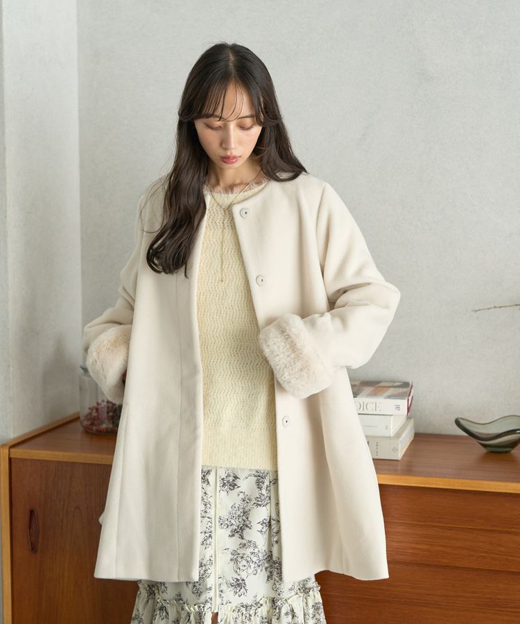 earth music&ecology「ファーカフスノーカラーコート」|ノーカラーコート|