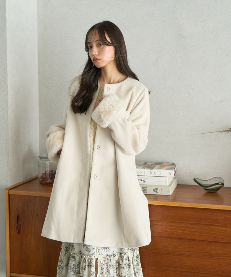 earth music&ecology「ファーカフスノーカラーコート」|ノーカラーコート|